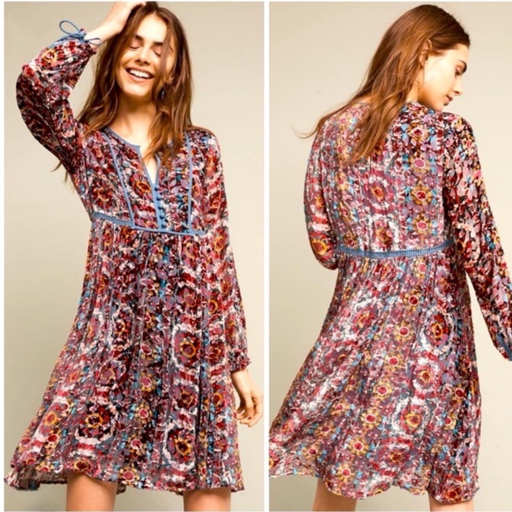 Anthropologie Floreat Abia Velvet Burnout Multicolor Boho Dress Size XS